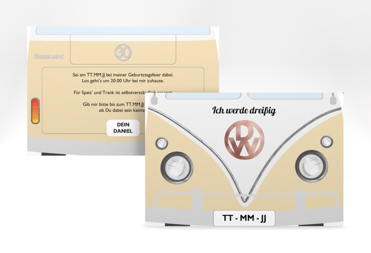 Einladung 30. Geburtstag Bulli Bus A6 Karte quer beige rosegold