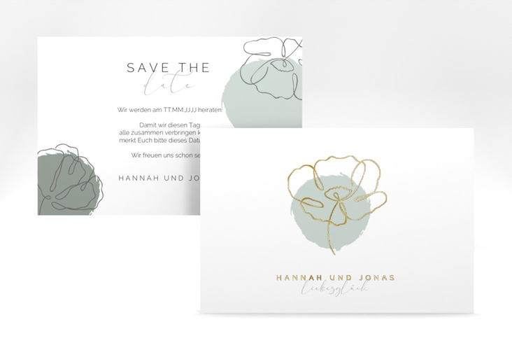 Save the Date-Karte Flowerline A6 Karte quer gruen gold
