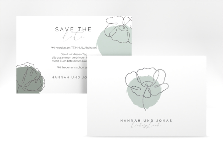 Save the Date-Karte Flowerline A6 Karte quer gruen silber