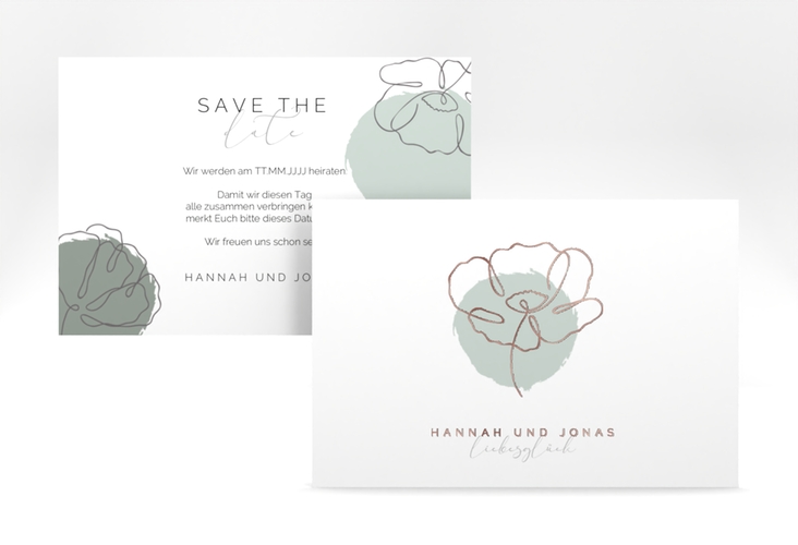Save the Date-Karte Flowerline A6 Karte quer gruen rosegold