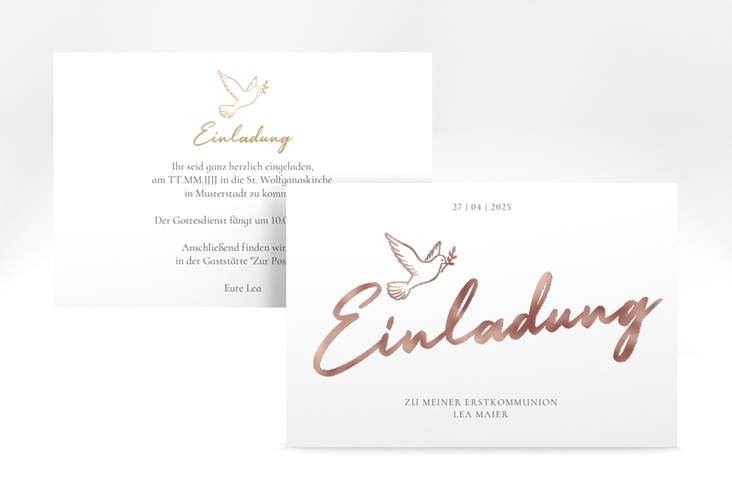 Kommunionseinladung Goldtaube A6 Karte quer weiss rosegold