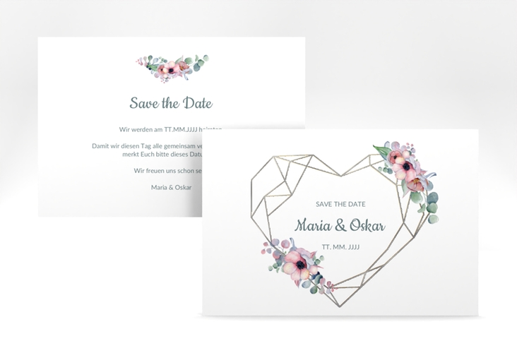Save the Date-Karte Herzgold A6 Karte quer weiss silber