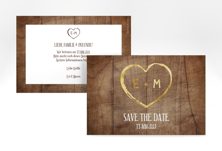 Save the Date-Karte Wood A6 Karte quer braun gold in Holz-Optik mit Herz und Initialen