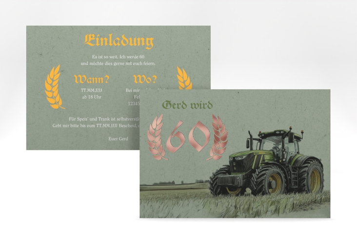 Einladung 60. Geburtstag Trekker A6 Karte quer gruen rosegold