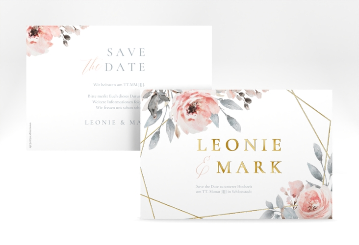 Save the Date-Karte Perfection A6 Karte quer weiss gold mit rosa Rosen