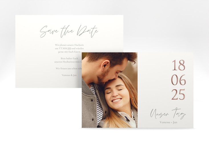 Save the Date-Karte Day A6 Karte quer weiss rosegold mit Datum im minimalistischen Design