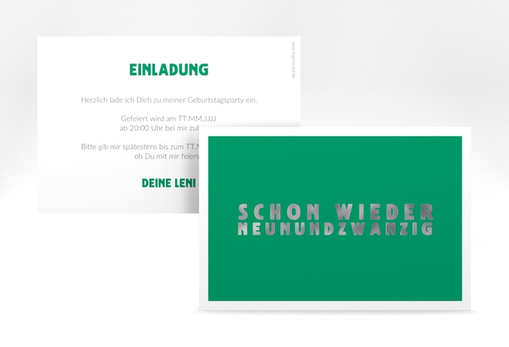 Einladung 30. Geburtstag Gag A6 Karte quer gruen silber