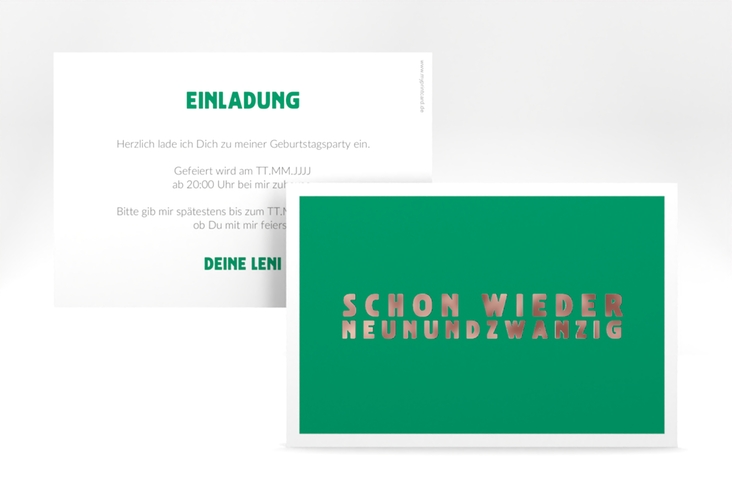 Einladung 30. Geburtstag Gag A6 Karte quer gruen rosegold