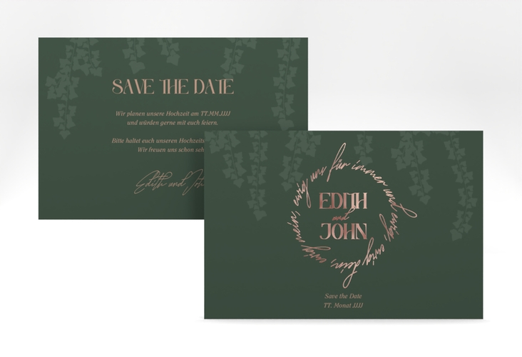 Save the Date-Karte Efeugrün A6 Karte quer gruen rosegold im Fantasy-Elfen-Design mit Efeu