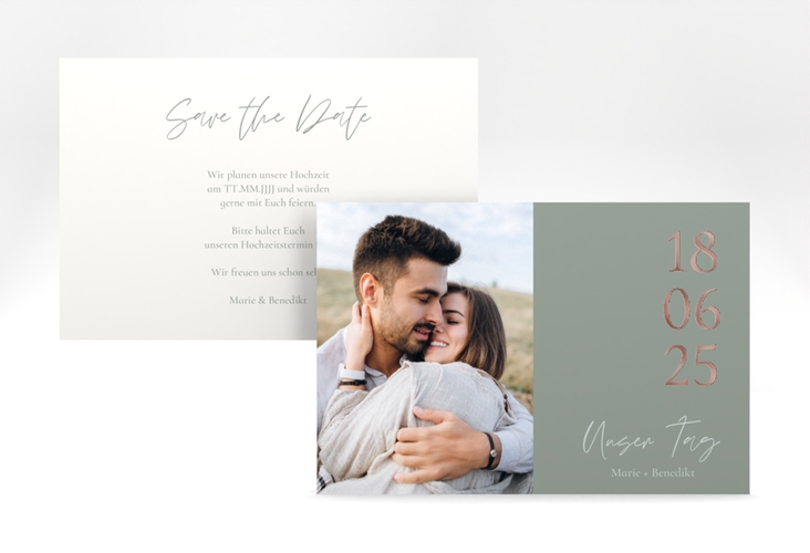 Save the Date-Karte Unser Tag A6 Karte quer gruen rosegold mit Foto und großem Datum