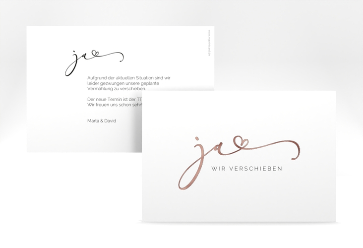 Change the Date-Karte Jawort A6 Karte quer weiss rosegold modern minimalistisch mit veredelter Aufschrift