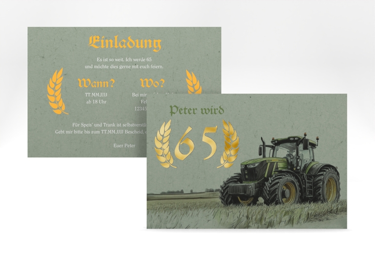 Einladung Geburtstag Trekker A6 Karte quer gruen gold