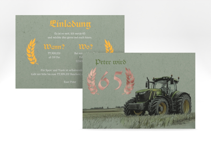 Einladung Geburtstag Trekker A6 Karte quer gruen rosegold