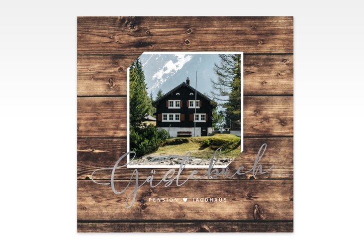 Gästebuch Creation Ferienhaus Jagdhaus 20 x 20 cm, Hardcover braun silber in Holz-Optik mit Foto