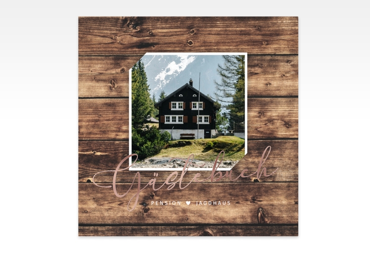 Gästebuch Creation Ferienhaus Jagdhaus 20 x 20 cm, Hardcover braun rosegold in Holz-Optik mit Foto