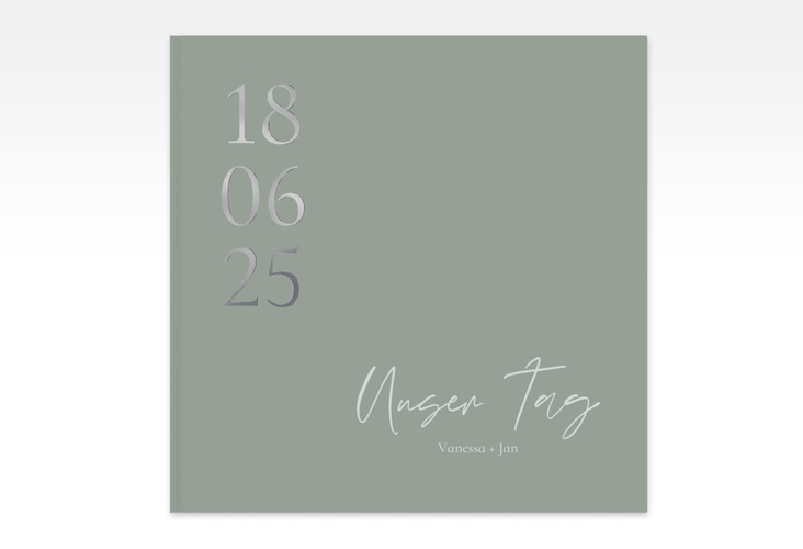 Gästebuch Creation Day 20 x 20 cm, Hardcover gruen silber mit Datum im minimalistischen Design