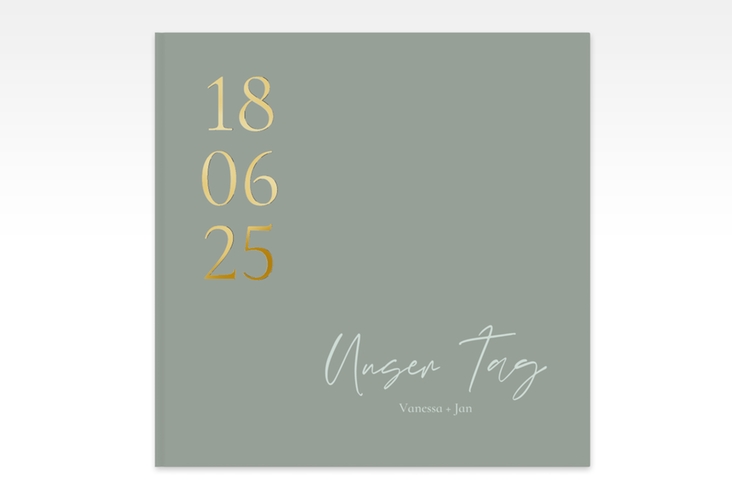 Gästebuch Creation Day 20 x 20 cm, Hardcover gruen gold mit Datum im minimalistischen Design