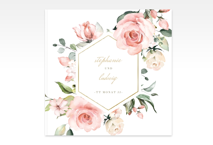 Gästebuch Creation Graceful 20 x 20 cm, Hardcover weiss gold mit Rosenblüten in Rosa und Weiß