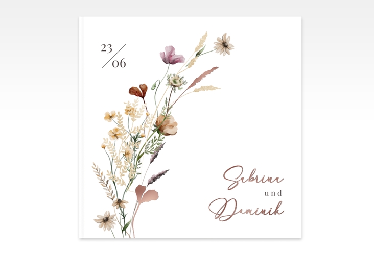 Gästebuch Creation Hochzeit Sauvages 20 x 20 cm, Hardcover weiss rosegold mit getrockneten Wiesenblumen