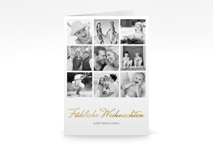 Weihnachtskarte Komet A6 Klappkarte hoch weiss gold mit quadratischen Fotos