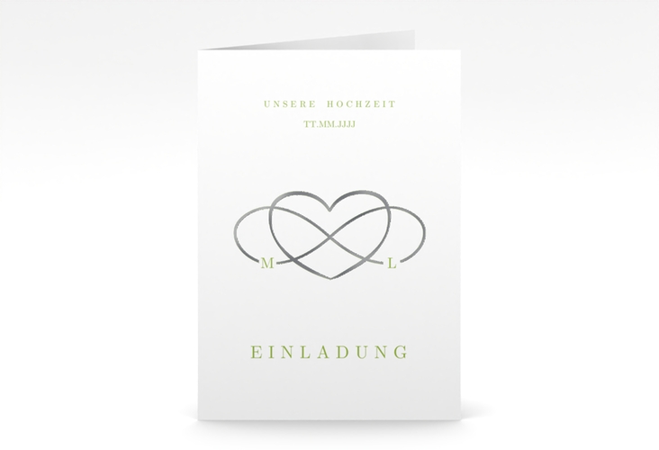 Einladungskarte Hochzeit Infinity A6 Klappkarte hoch gruen silber