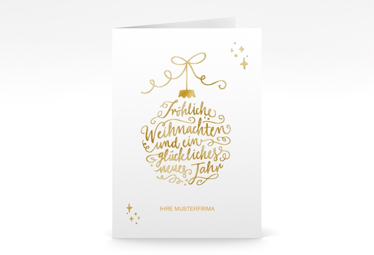 Business-Weihnachtskarte Lichterglanz A6 Klappkarte hoch weiss gold für Firmen, mit Weihnachtskugel-Kalligrafie