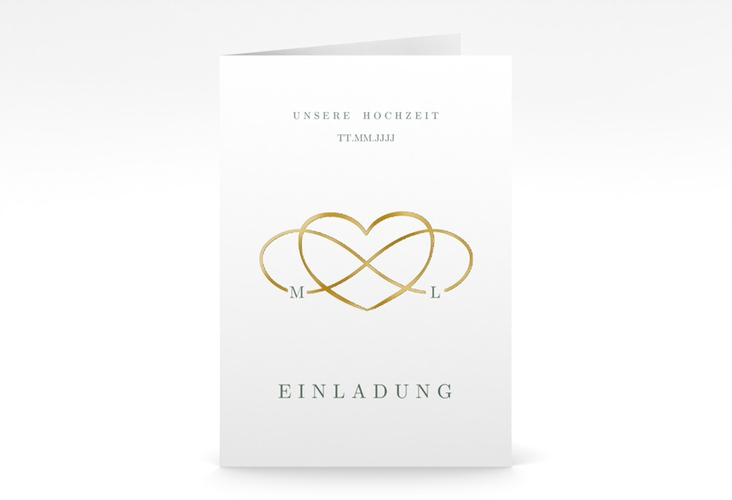 Einladungskarte Hochzeit Infinity A6 Klappkarte hoch gruen gold