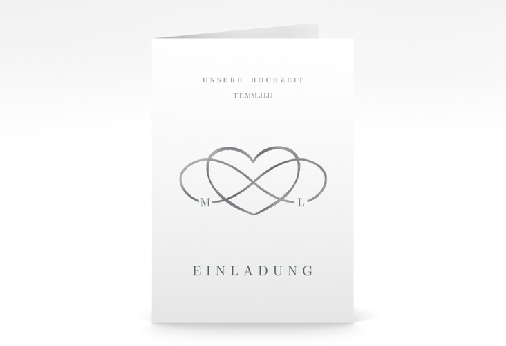 Einladungskarte Hochzeit Infinity A6 Klappkarte hoch gruen silber