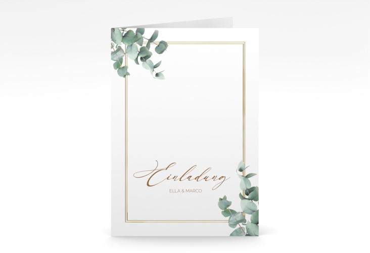 Einladungskarte Hochzeit Eucalypt A6 Klappkarte hoch weiss gold mit Eukalyptus und edlem Rahmen