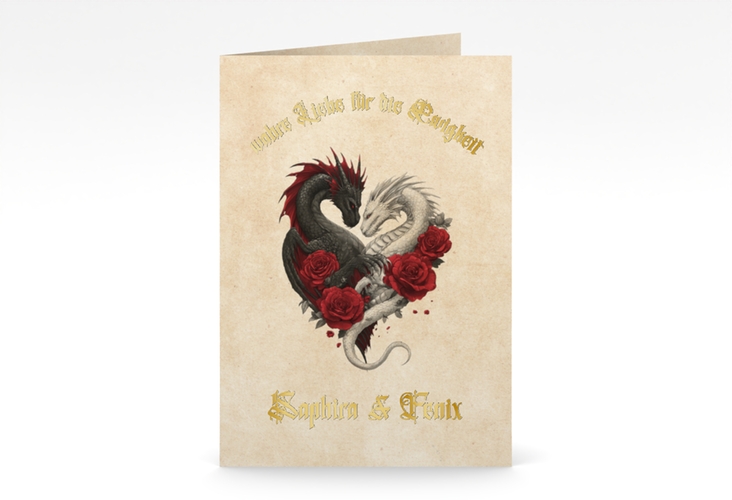 Einladungskarte Hochzeit Drachenliebe A6 Klappkarte hoch beige gold mit schwarzem und weißem Drachen zu einem Herz verschlungen