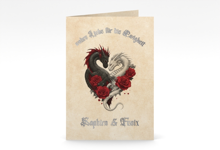 Einladungskarte Hochzeit Drachenliebe A6 Klappkarte hoch beige silber mit schwarzem und weißem Drachen zu einem Herz verschlungen