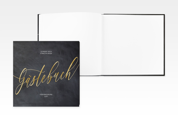 Gästebuch Creation Ferienwohnung Loft 20 x 20 cm, Hardcover schwarz gold in modernem Industrial-Design