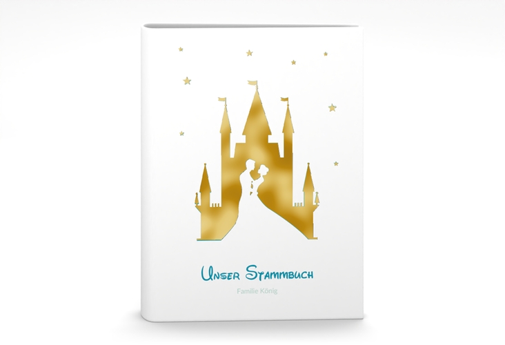 Stammbuch A5 Castle Stammbuch A5 tuerkis gold mit Silhouette von Märchenschloss mit Prinz und Prinzessin