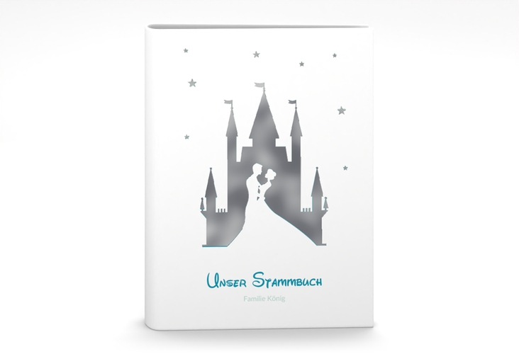 Stammbuch A5 Castle Stammbuch A5 tuerkis silber mit Silhouette von Märchenschloss mit Prinz und Prinzessin