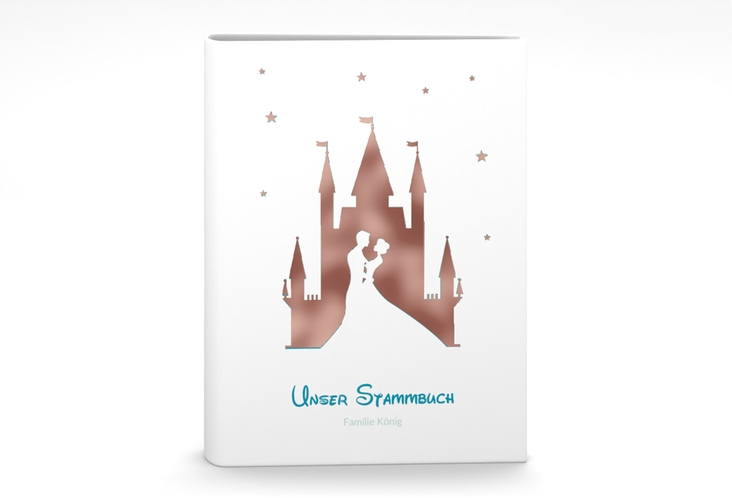 Stammbuch A5 Castle Stammbuch A5 tuerkis rosegold mit Silhouette von Märchenschloss mit Prinz und Prinzessin
