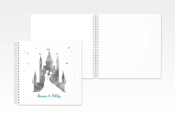 Gästebuch Hochzeit Castle Ringbindung tuerkis silber mit Silhouette von Märchenschloss mit Prinz und Prinzessin