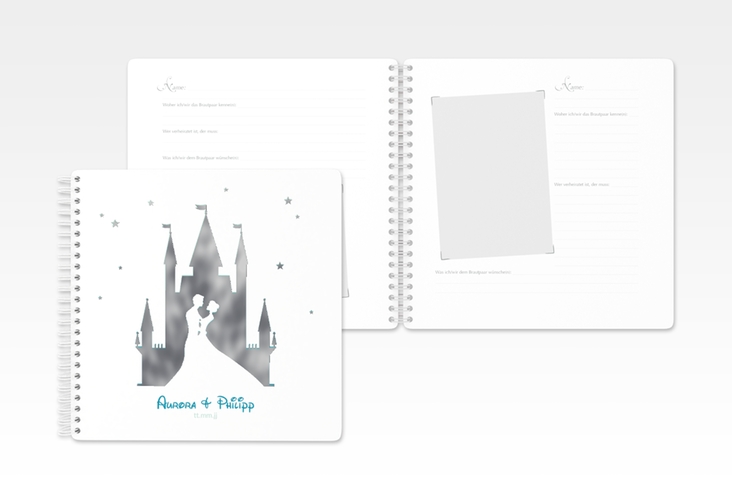 Gästebuch Hochzeit Castle Ringbindung tuerkis silber mit Silhouette von Märchenschloss mit Prinz und Prinzessin