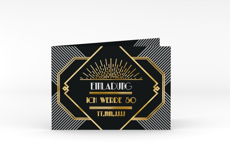 Einladung 50. Geburtstag Glamour A6 Klappkarte quer schwarz gold