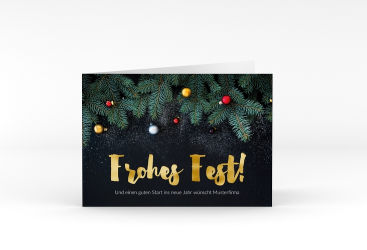 Business-Weihnachtskarte Weihnachtlich A6 Klappkarte quer schwarz gold mit Tannenzweigen und goldenem Schriftzug