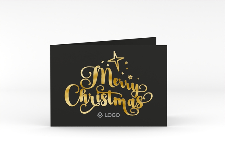 Geschäftliche Weihnachtskarte Merry Christmas A6 Klappkarte quer schwarz gold