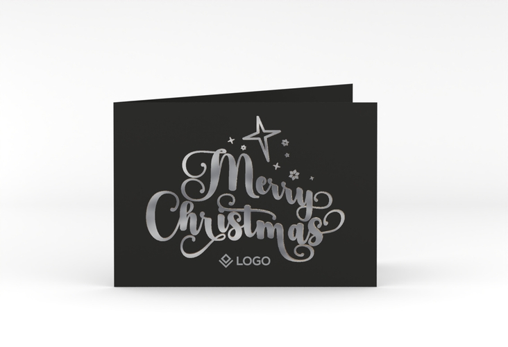 Geschäftliche Weihnachtskarte Merry Christmas A6 Klappkarte quer schwarz silber