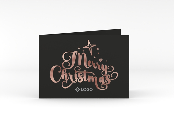 Geschäftliche Weihnachtskarte Merry Christmas A6 Klappkarte quer schwarz rosegold