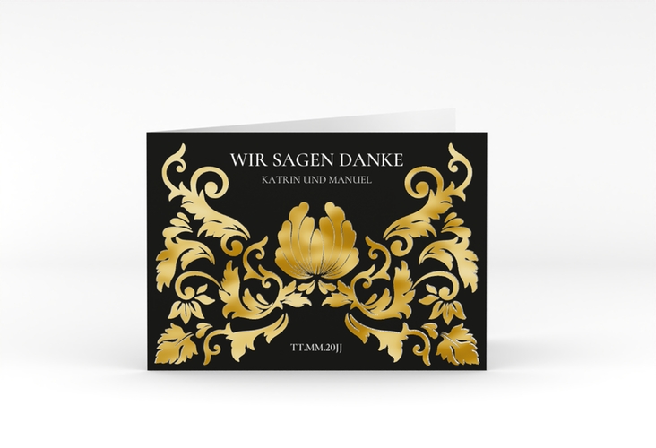 Danksagungskarte Hochzeit Royal A6 Klappkarte quer schwarz gold mit barockem Blumen-Ornament