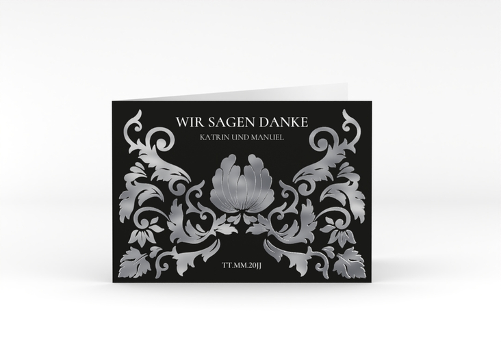 Danksagungskarte Hochzeit Royal A6 Klappkarte quer schwarz silber mit barockem Blumen-Ornament