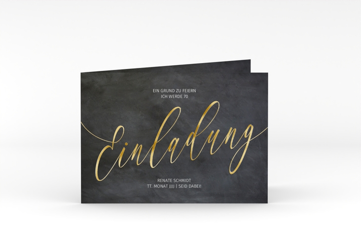 Einladung 70. Geburtstag Board A6 Klappkarte quer schwarz gold