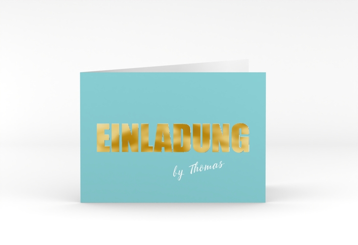 Einladung Geburtstag Zig A6 Klappkarte quer tuerkis gold