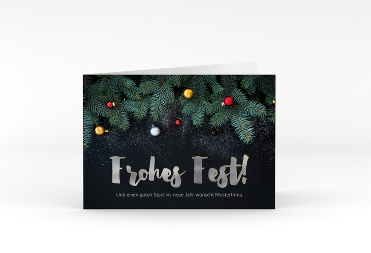 Business-Weihnachtskarte Weihnachtlich A6 Klappkarte quer schwarz silber mit Tannenzweigen und goldenem Schriftzug