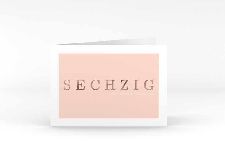 Einladung 60. Geburtstag Schlicht A6 Klappkarte quer apricot rosegold