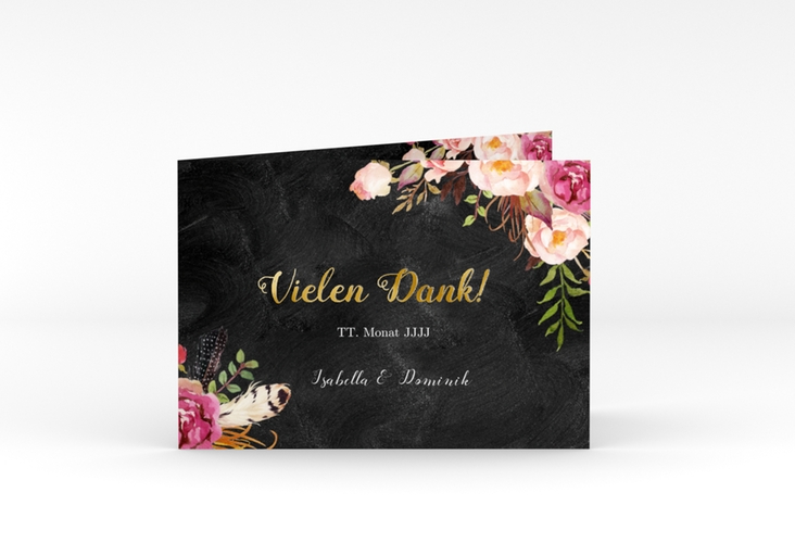 Danksagungskarte Hochzeit Flowers A6 Klappkarte quer schwarz gold mit bunten Aquarell-Blumen