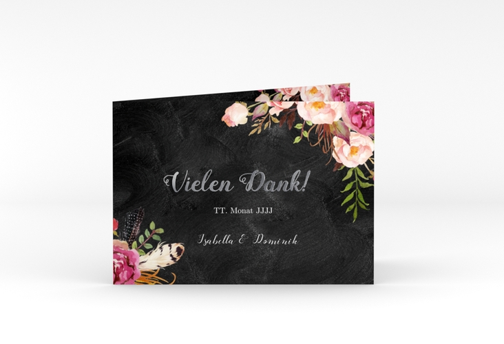 Danksagungskarte Hochzeit Flowers A6 Klappkarte quer schwarz silber mit bunten Aquarell-Blumen